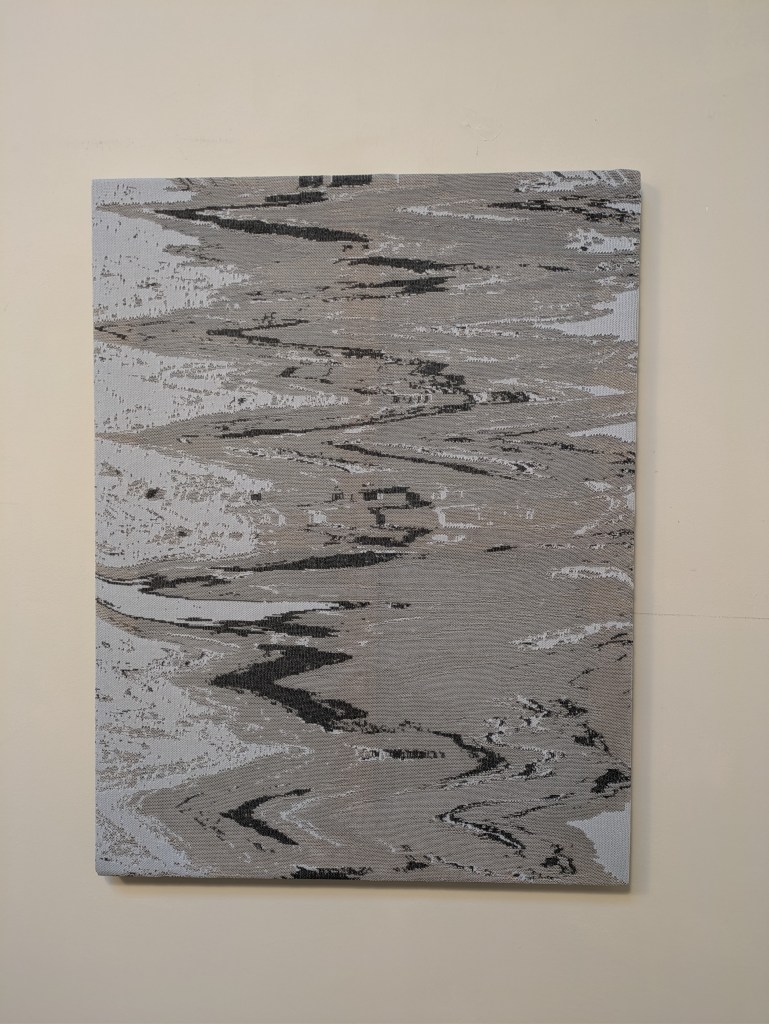 pale blue gray and black swirl glitch art waves water textile art wall art sculpture